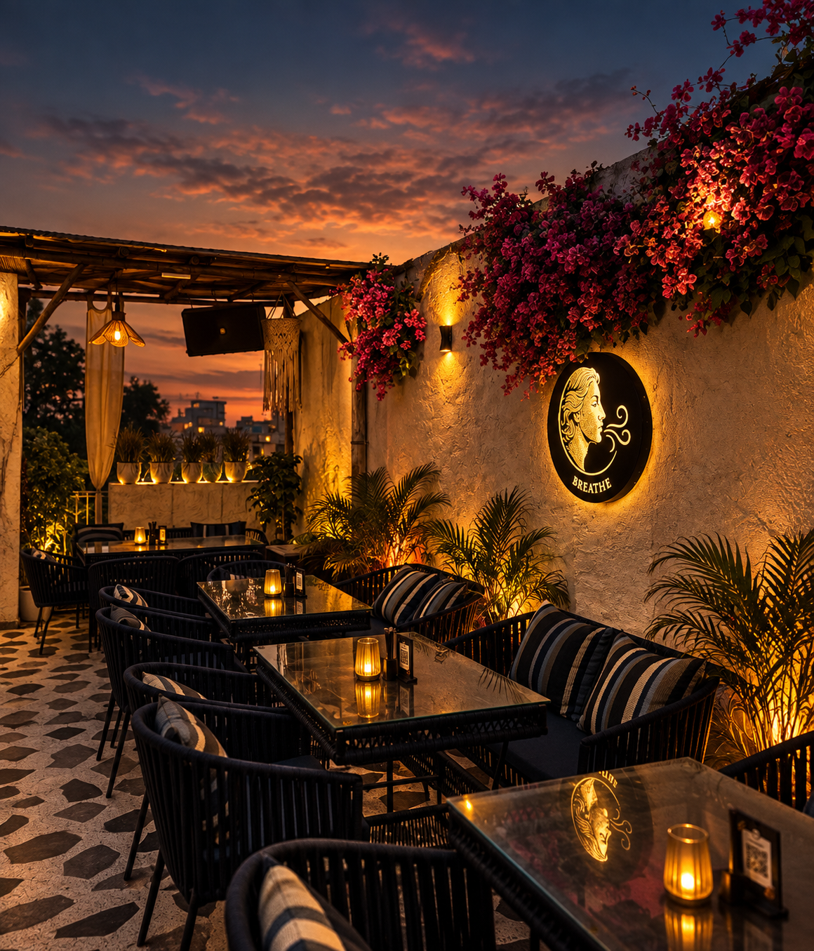 Warmly lit rooftop lounge interior